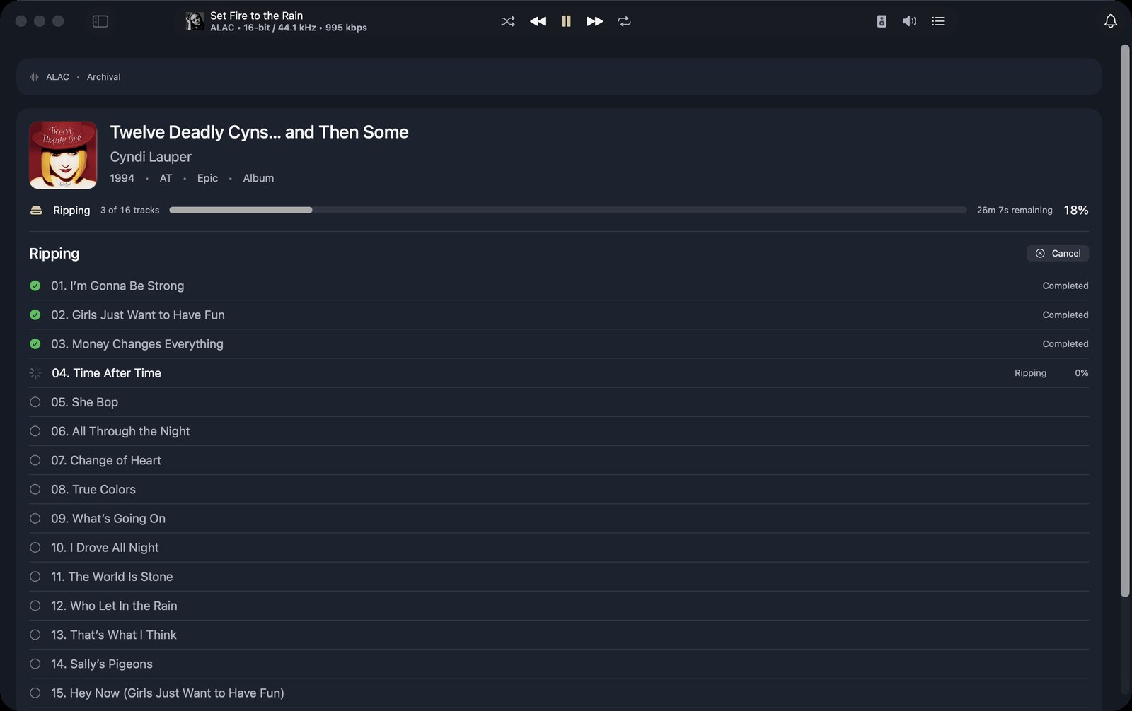 Kanora ripping a CD on macOS